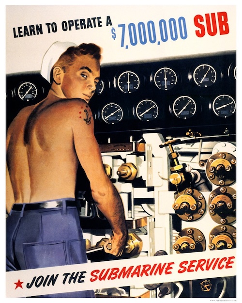 1944 U.S. Navy recruitment poster showing a shirtless sailor standing before a submarine control panel filled with gauges and valves. The sailor gives the viewer a come hither look. Text in red, blue, and black reads 'LEARN TO OPERATE A $7,000,000 SUB' above and 'Join the submarine service' below